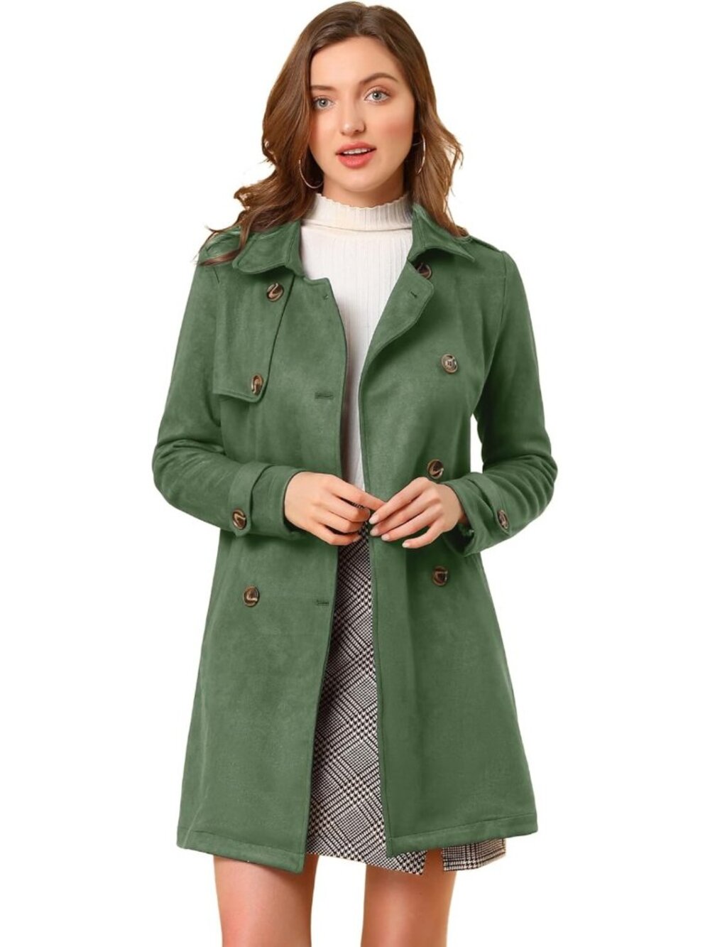 Chic Women's Faux Suede Trench Coat, Double Breasted with Belt, Stylish